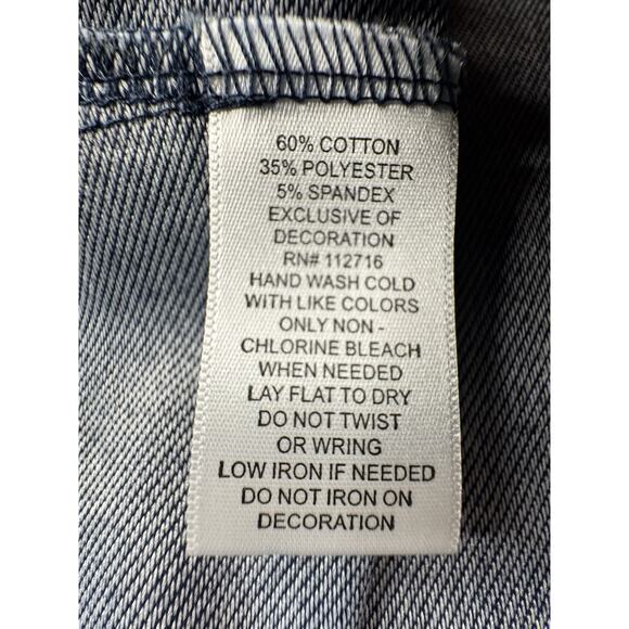 Quacker Factory XL Knit Denim Blouse Button Rhinestones Collar Tab Pocket - Picture 10 of 11